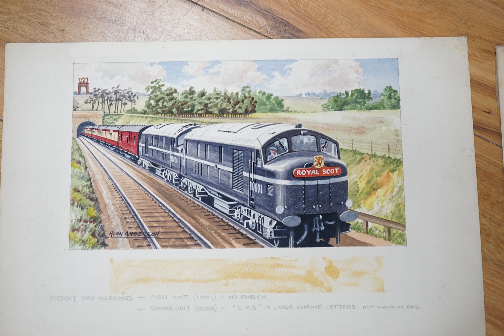 Alan Anderson, set of four original watercolours for postcard designs, Locomotives comprising ‘Royal Scot, LMS Railway’, ‘BR Class 31 No. 5505’, ‘Class D600 Active’ and ‘Western Region Diesel, British Railways’, each sig